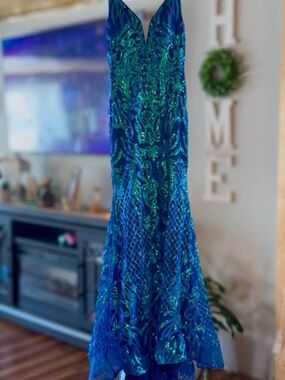 Blue and Green Sequin Evening Gown